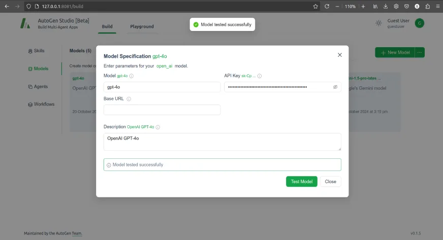 Model specification on AutoGen Studio